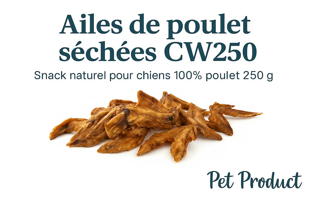 Ailes de poulet séchées CW250 – Snack naturel pour chiens 100 % poulet 250 g de la marque Pet Product, visuel du produit sur fond blanc.