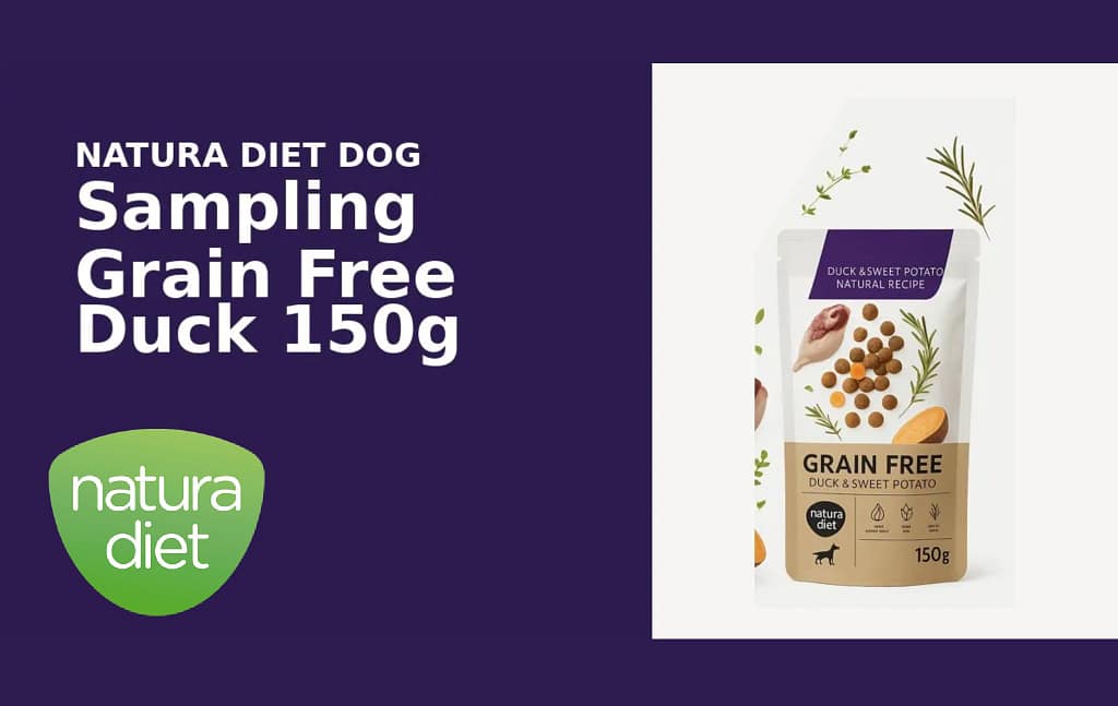 Échantillon Natura Diet Dog Grain Free Duck 150g – sachet de nourriture pour chien au canard et patate douce, sans céréales, avec logo Natura Diet sur fond violet