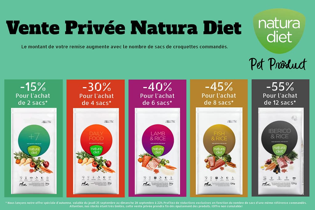 Sacs de croquettes Natura Diet en vente privée – offres spéciales d’automne avec réductions jusqu’à 55 % selon le nombre de sacs achetés