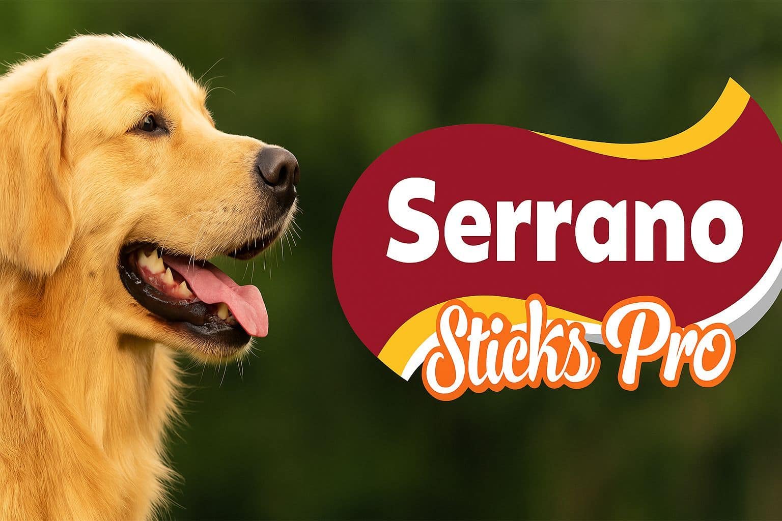 alt="Chien avec logo Serrano Sticks Pro – friandises premium pour chiens"