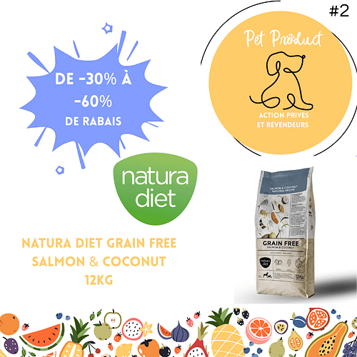 Natura Diet Grain Free Salmon & Coconut 12kg – Croquettes chien sans céréales, offre -30% à -60% octobre 2025 PetProduct.ch
