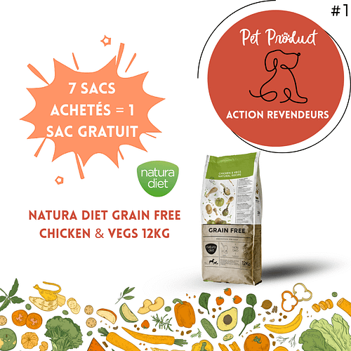 Promotion revendeurs novembre 2025 – Natura Diet Grain Free Chicken & Vegs 12kg. Offre spéciale : pour 7 sacs achetés, 1 sac gratuit. Action cumulable chez PetProduct.ch.