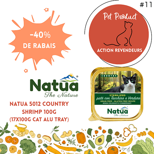 Natua 5012 Country Shrimp 100g – Lot 17x100g Cat Alu Tray (-40%) pâtées sans céréales et gluten pour chat, 60% viande, offre revendeurs octobre 2025 PetProduct.ch